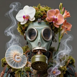 3 d close - up portrait of the robot face in vintage gas mask in midsommar style clothes and crown overgrown with moss and giant orchid flowers and giant gladiola flowers, intricate, elegant, surrounded by smoke and water energy flow. translucent nautilus, highly detailed, by wlop, tooth wu, greg rutkowski, alena aenami