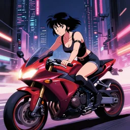anime girl driving a motorcycle in an akira inspired city with blade runner aesthetic