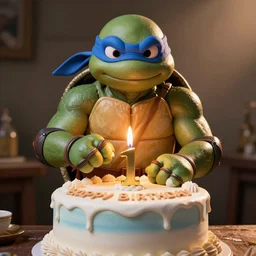 leonardo ninja turtle on a birthday cake, realistic, photograph