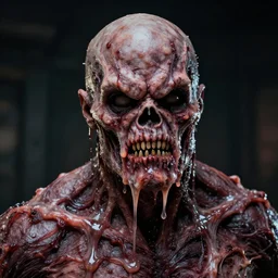 the melting slimy face of villain mitch mcconnell flesh monster. horror film production photograph.
