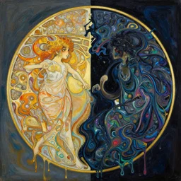 an hyper intricate oil painting of day and night intertwining, day and night fighting in a circle, golden ratio, fluid acrylic art, melting colorful wax drips, colorful, high contrast, dark dominant colors, by yoshitaka amano, by greg rutkowski, by alphonse mucha by jeremyg lipkinng, by rhads, by ross tran
