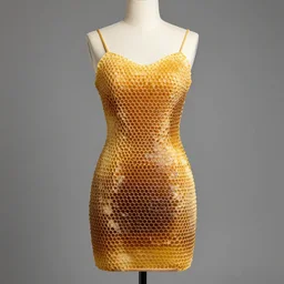 a beautiful dress made of a real bee hive, on a mannequin. high resolution, studio lighting