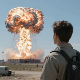 a man looking off into the distance at a nuclear explosion