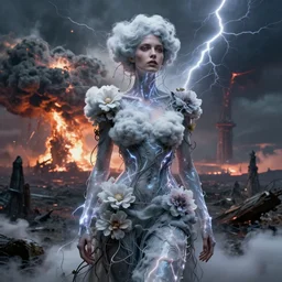 A portrait of a woman wearing clothes made out of thunder clouds and flowers, apocalypse, nuclear explosion in the background, liquid skin, Masterpiece, glowing, wires everywhere, by Edgar Maxence and Ross Tran, Zdzisław Beksiński, and Michael Whelan, distant, gustav dore, H.R. Giger, 8k, octane render