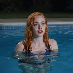 Elle Fanning in the pool at night, in the style of Bill Sienkiewicz