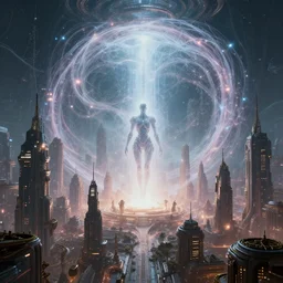 A futuristic cyborg cyberpunk steampunk utopian city is surrounded by a massive ethereal portal glowing and sparking with wispy time dimension vortex strands. Cinematic, Award winning, ultra high resolution, intricate details, UHD 8K