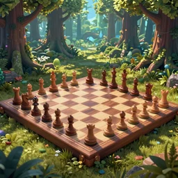 videogame still of epic 3D chessboard and chess pieces in the magic kingdom forest of trees style