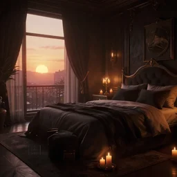 videogame screenshot of a dark dreamy luxury bedroom, candlelight, sunset, octane render, volumetric lighting, raytracing