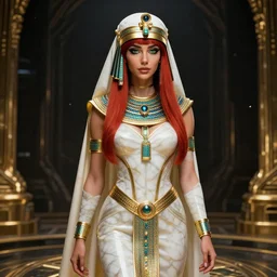 red - haired final fantasy white marble egyptian nun, warframe armor, regal, attractive, ornate, sultry, sexy, beautiful, maesie williams, elize theron, pretty face, green eyes, scifi platform, 4 k, ultra realistic, epic lighting, illuminated, cinematic, black gold, art by alexandra petruk, voidstar