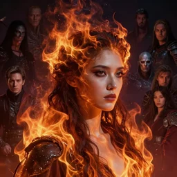 a head and shoulder portrait of a goddess women engulfed in deep coloured flames by Greg Rutkowski, Sung Choi, Mitchell Mohrhauser, Maciej Kuciara, Johnson Ting, Maxim Verehin, Peter Konig, Bloodborne , 8k photorealistic, cinematic lighting, HD, high details, atmospheric , trending on artstation