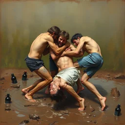 3 drunks fall over mud - wrestling,, oil painted ( ( ( ( ( ( by rodin ) ) ) ) ) )