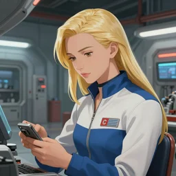 a mechanic working in a busy starship hanger, retrofuturism, finely illustrated face, long blonde hair, bodysuit, highly detailed, colored pencil, studio ghibli, tankobon, in the style of ilya kuvshinov and william - adolphe bouguereau and alphonse mucha