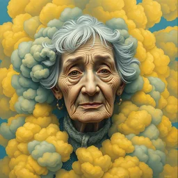 maximalist old ukrainian woman!!!! fully covered in yellow and blue clouds!!!, disarming, enchanting, fragile, hopeful, cloudcore, portrait, gapmoe yandere grimdark, trending on pixiv fanbox, painted by makoto shinkai takashi takeuchi studio ghibli, akihiko yoshida