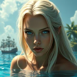 a portrait of a beautiful blonde girl with beautiful eyes and a detailed face in a magical blue lagoon, full body shot, pirate ships, clear water, palm trees, digital illustration, art by greg rutkowski, intricate, elegant, smooth, amazing detail, concept art, sharp focus, cinematic lighting, fantasy, epic