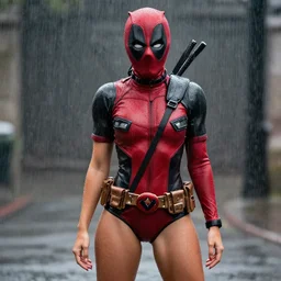 fully body pose, photo of a very beautiful!! victoria secret model with deadpool mask on, wet, raining, 8 k, hdr, smooth, sharp focus, high resolution, award - winning photo, trending on artstation, dslr, 5 0 mm