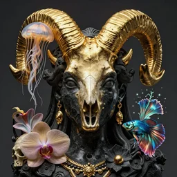 goddess princess face close-up portrait ram skull. sculpture made of black stone with elements made of polished gold. jellyfish phoenix head, nautilus, orchid, skull, betta fish, bioluminiscent creatures, intricate artwork by Tooth Wu and wlop and beeple. octane render, trending on artstation, greg rutkowski very coherent symmetrical artwork. cinematic, hyper realism, high detail, octane render, 8k