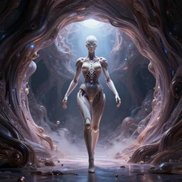 passing through the ethereal portal to the iris van herpen epic terminator, majestic dream in the space