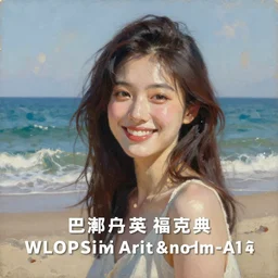 Classical oil painting of a smiling woman on the beach near the ocean, stylistic, brush strokes, oil, canvas, beautiful portrait, anime portrait, official anime artwork, by Stanley Artgerm Lau, WLOP, Rossdraws, James Jean, Andrei Riabovitchev, Marc Simonetti, and Sakimi chan