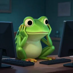 sad humanoid frog holding his head in front of a computer screen in a dingy dark room at night. realistic digital art.