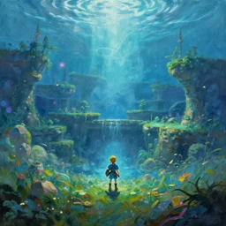 gloomy underwater pastoral dreamscape by claude monet, from legend of zelda water temple level