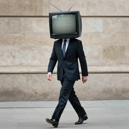 a man in a suit wearing a tv on his head while walking