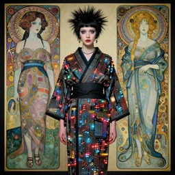 cute punk goth fashion fractal alien martian girl wearing kimono made of circuits and leds, surreal Dada collage by Man Ray Kurt Schwitters Hannah Höch Alphonse Mucha
