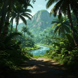 Shadowy entrance to the jungle with palm trees and the river flowing near from the mountain. Fantasy style. Sun rays, lens flares. Cinematic, ArtStation, realistic photograph, ambient, shades of green, Unreal Engine 5, rendered by Octane.