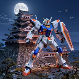 neon gundam mecha, attacking a well defended feudal Japanese fortress / castle, mecha, highly detailed, full moon, colours blue and orange, 8k, blender, octaine render, birds eye view, by karl kopinski, proko, kim jung gius, james gurney