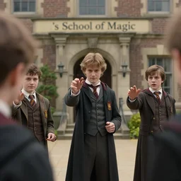 sharp, detailed, 7 0 mm still from a 2 0 1 9 sci fi color movie, set in 1 8 5 0 in an alternate universe, mid distant shot of three students practicing magic, outside the'school of magic ', 1 8 5 0 s era clothing, good lighting, in focus, real faces, 3 5 mm macro lens, live action, cinematic photography