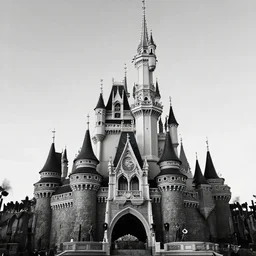 the Disney castle in a nightmare, black and white