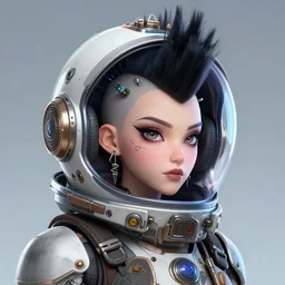 an beautiful punky spacepunk princess and a mohawk with a ridiculously massive space helmet shaped like a fish, 9 0 s neon video game magazine, 3 d render stylized
