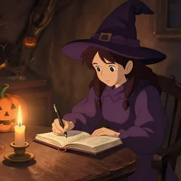 a young witch writing in her spellbook halloween, over the shoulder angle, studio ghibli, warm, earthy tones, lit by candlelight, mucha