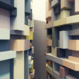 abstract geometric art made of boxes of varied sizes and colours, arranged like modern architecture, two point perspective, shallow focal lens, analogous complementary colour scheme, hyperrealism, octane render