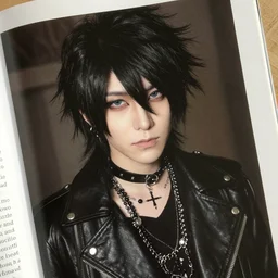 photograph of a gothic 9 0 s visual kei vocalist, realistic, magazine photo, detailed leather clothing, big black hair