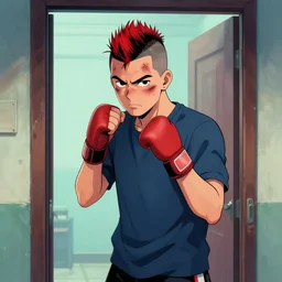 a young man of 2 5 years old, with a bruised face and bruises, is standing in a doorway in a boxer's stance, casual clothing style, hairstyle red mohawk, cold colors, comics style, angry 8 k