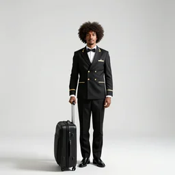 afro-haired hotel bellhop with luggage, cinematic studio photo, full body, standing, isolated on a pure white background, centered, whole figure in frame, sharp focus, studio lighting