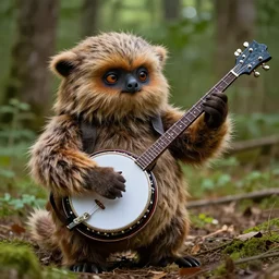 bluegrass ewok, playing the banjo, in the forest, high quality photograph, nature doc