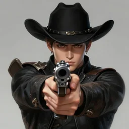 a highly detailed illustration of bts v as cowboy wearing black cowboy hat, dramatic shooting gun pose, perfect face, intricate, elegant, highly detailed, centered, digital painting, artstation, concept art, smooth, sharp focus, league of legends concept art, wlop