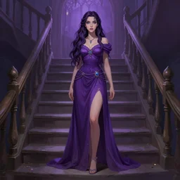 a woman in a purple dress standing on some stairs, concept art by Magali Villeneuve, featured on Artstation, fantasy art, wiccan, official art, d&d