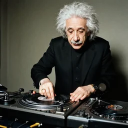 Einstein DJing with turntables, photoreal