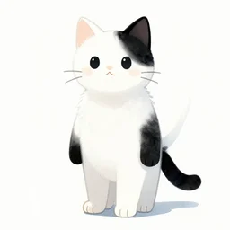 anthropomorphic white cat, cat standing on 2 legs, black right ear, black left arm, black left leg, black tip of his white tail, trending on artstation, modern cartoon art, watercolor, furry