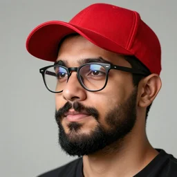 headshot of a young ducktail bearded middle eastern american male with wayfarer glasses and red baseball hat - raw, studio lighting, 8 k, photo shoot, 9 inch kershaw soft focus lens f / 5. 6
