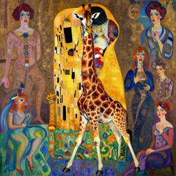 a giraffe!!!! queen sitting on her throne, psychedelic, patterned skin, trending on artstation, photorealism!!, vibrant colors, digital art, in the style of harumi hironaka, gustav klimt, egon schiele, coby whitmore, david bates, monet, lisa frank, picasso.