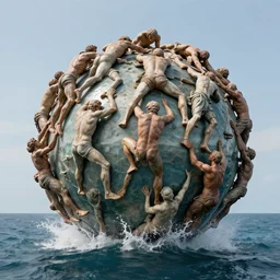 a massive sculpture of desperate people climbing a perfect sphere on the ocean water, in the style of jeff koons and michelangelo, inspired by the greatest sculptors, inspired by renaissance, cinematic, hyper - realistic, very detailed, realistic water splashes, ray tracing, 8 k resolution, long - shot, sharp focus, low angle, 8 5 mm photograph, wide lens