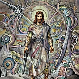 anime style jesus standing between heaven and hell with a gun, hyper realistic, ultra detailed, HD, badass