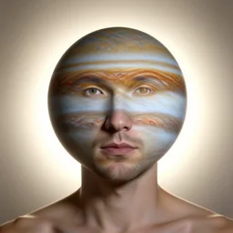 A beautiful portrait of a man with a head made of planet Jupiter, backlight, volumetric lighting, detailed, trending on artstation