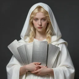 portrait of the goddess of memory holding inscribed silver tablets, white hood, white robes, blonde, fantasy, magical, realistic and detailed, spiritual, supernatural, intricate, elegant, highly detailed, digital painting, trending on artstation, by wlop, 4 k octane render