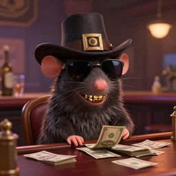a still of an anthropomorphic gangster rat, wearing sunglasses and a mafia-style hat, with gold teeth, long fur, sitting at a bar with lots of money in a Disney Pixar movie, 35mm f2.8, 4k, artstation, PBR materials, Pixar renderman render
