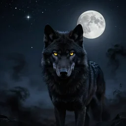 black wolf, yellow eyes, night, sky full of stars and a full moon, dramatic black smoke everywhere, in the style of ben jeffery