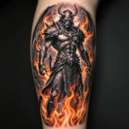 diablo lord of terror, three quarter view from below, engulfed in flames, full body shot, detailed greyscale tattoo by Dmitriy Tkach